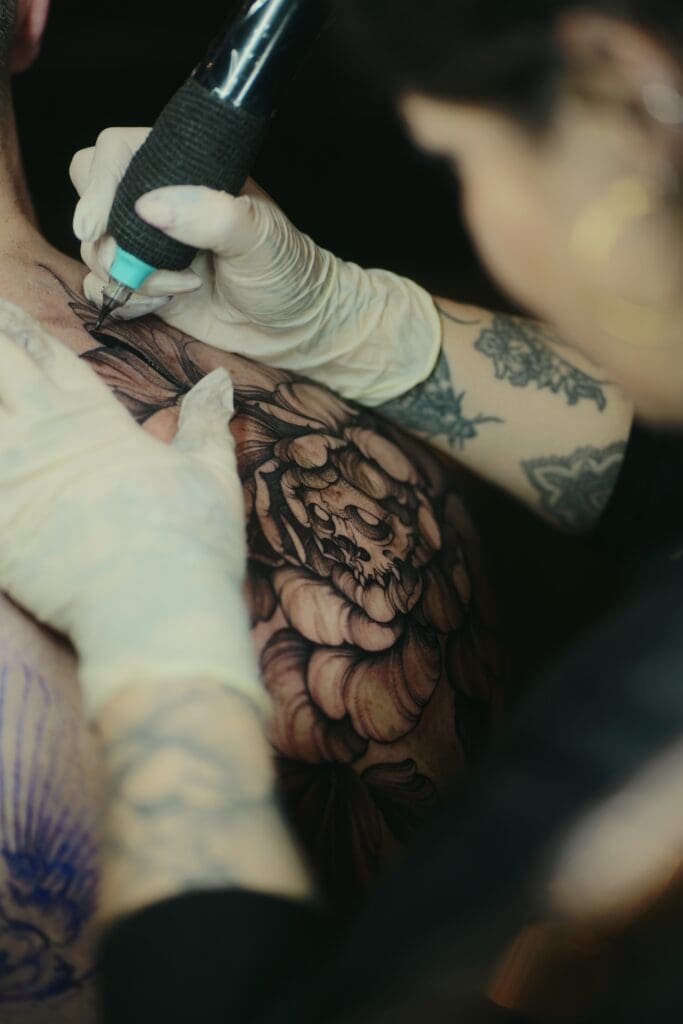 A blackwork tattoo in progress at Buckinghamshire Tattoo Studio, Black Hound Tattoo.
