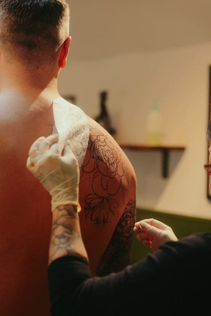 Stencil placement at Black Hound Tattoo studio, Thame, Oxfordshire. 